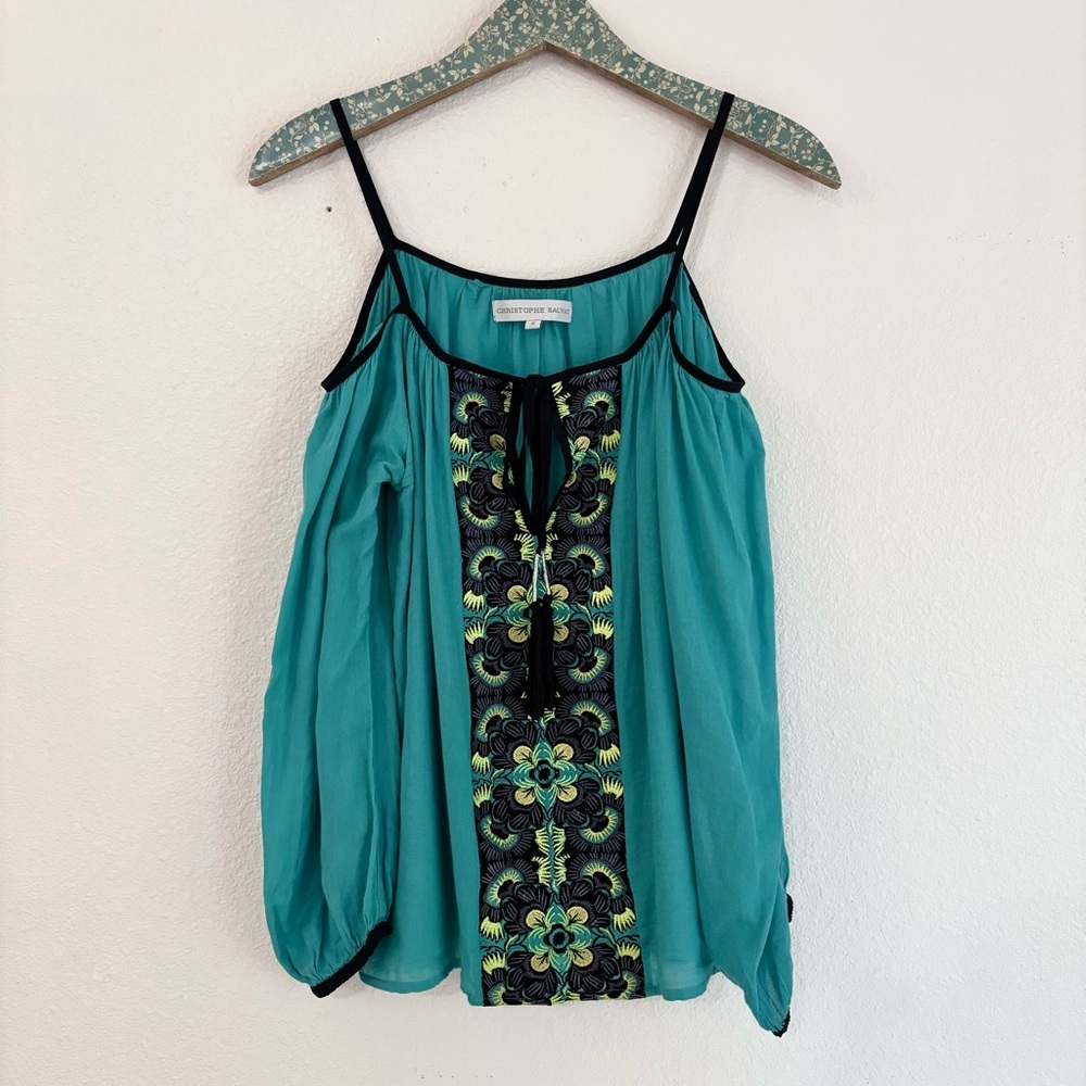 Christophe Sauvat | teal embroidered off shoulder cotton long sleeve top